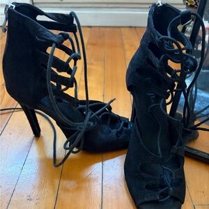 Black Lace-Up Suede Stiletto Heels